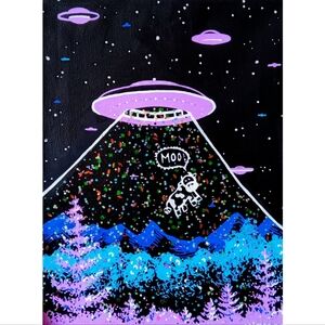 Whimsical UFO Cow Abduction Painting | 9x12" Black Canvas | Blue, Purple, Pink